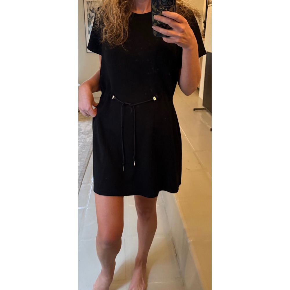Elie Tahari Black Short Sleeve Drawstring Waist Mini Dress Pockets Large - Picture 3 of 10